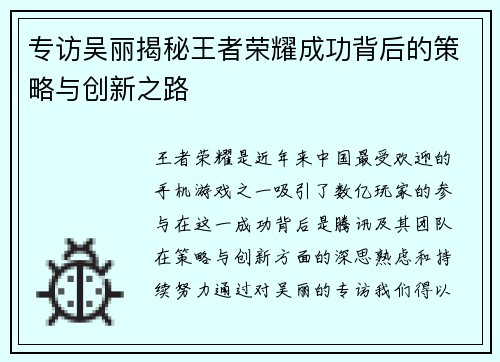 专访吴丽揭秘王者荣耀成功背后的策略与创新之路